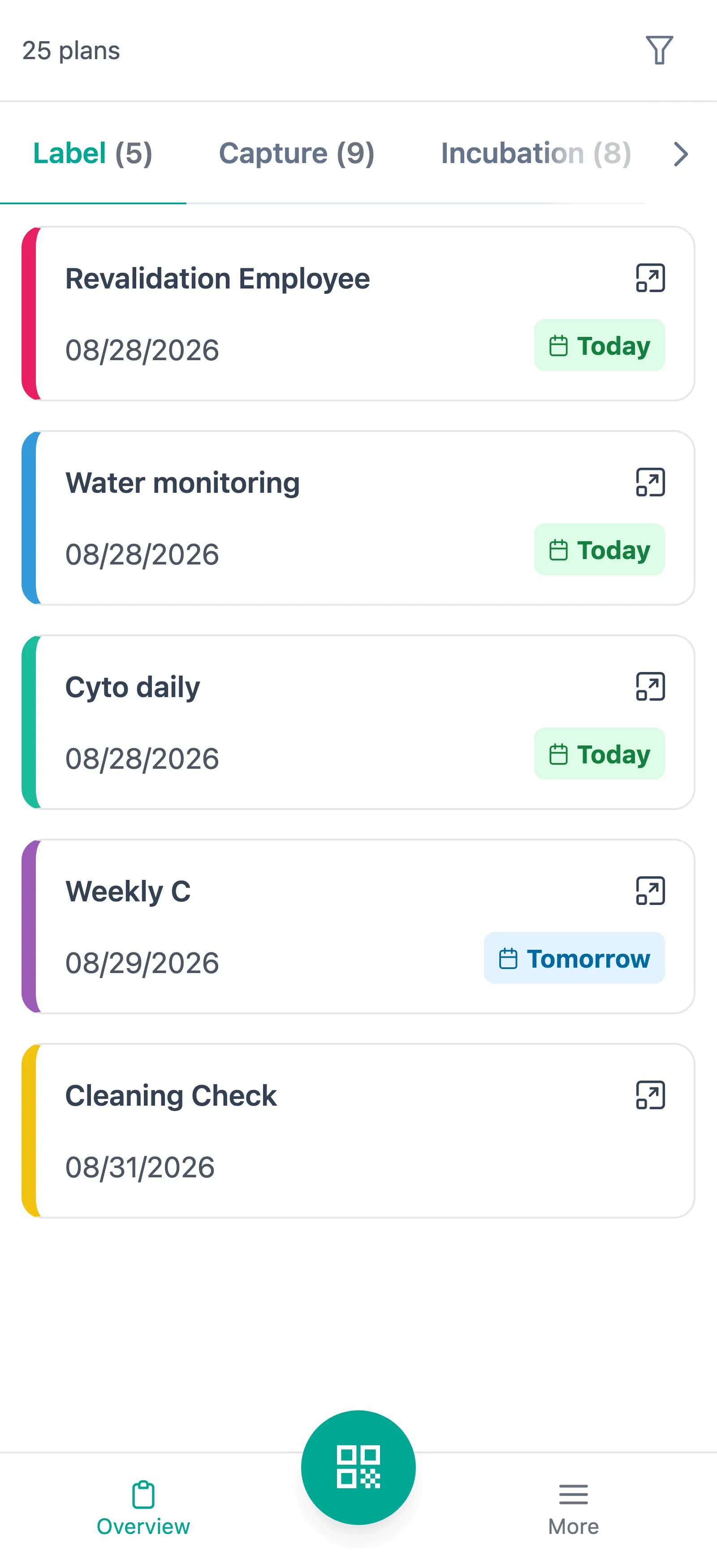 SteriTrend companion app showing the mibi board and upcoming plans on a smartphone